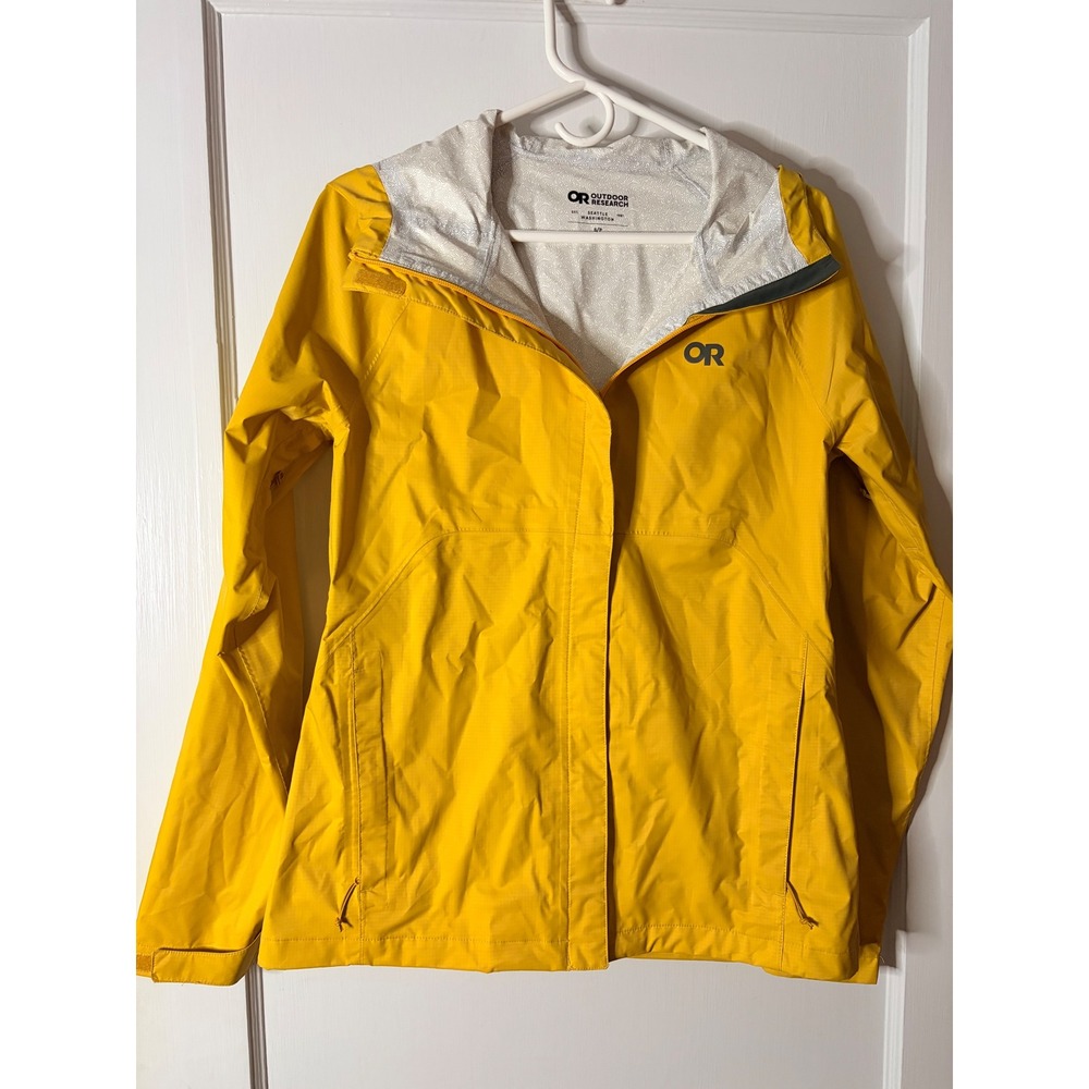 Outdoor Research Womens Apollo Rain Jacket Yellow Waterproof Hooded Shell Small